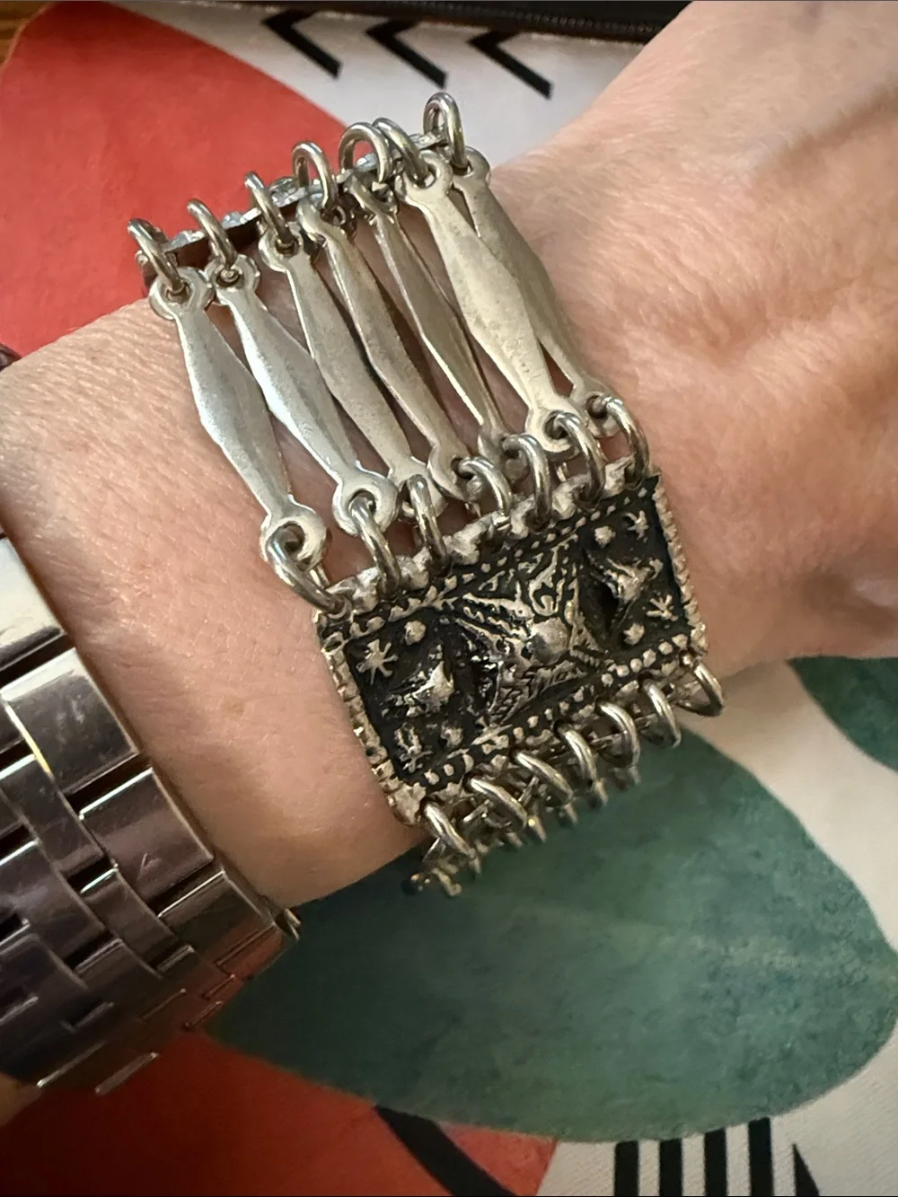Mexico Art Deco Wide Panel Link Bracelet Signed Bohemian